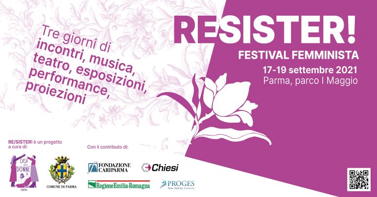 la locandina di Re/sister! il Festival dedicato al femminismo in programma a Parma dal 17 al 19 settembre