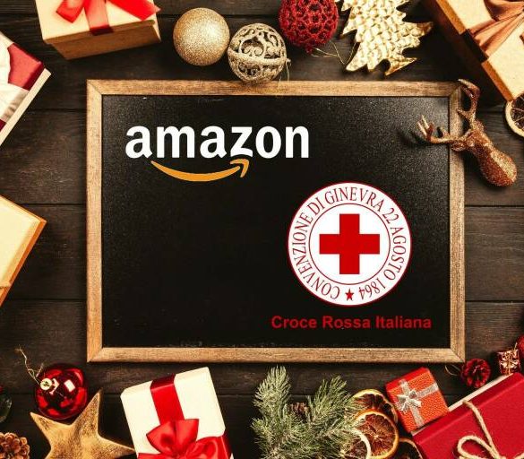 La locandina dell'iniziativa in cui Amazon e la Croce Rossa donano giocattoli ai bambini